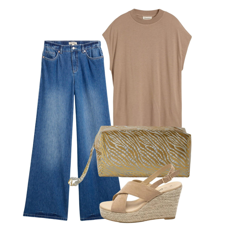 Outfit donna - Agosto. Stile Casual chic per Tutti i giorni. Abbinamento con jeans, sandali col tacco, t-shirt, valigie.