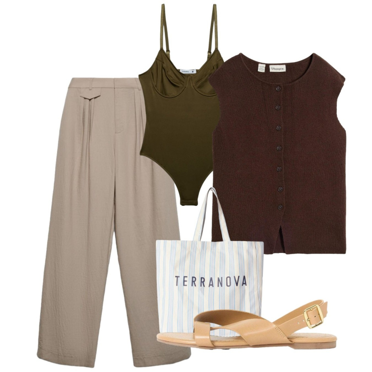 Outfit donna - Total look #2453241. Stile Bon Ton per Ufficio. Abbinamento con sandali, maglieria, pantaloni, top, shopping bag.