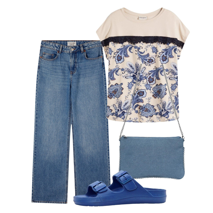 Outfit donna - Agosto. Stile Casual per Tutti i giorni. Abbinamento con maglieria, ciabatte, borse a tracolla, jeans.