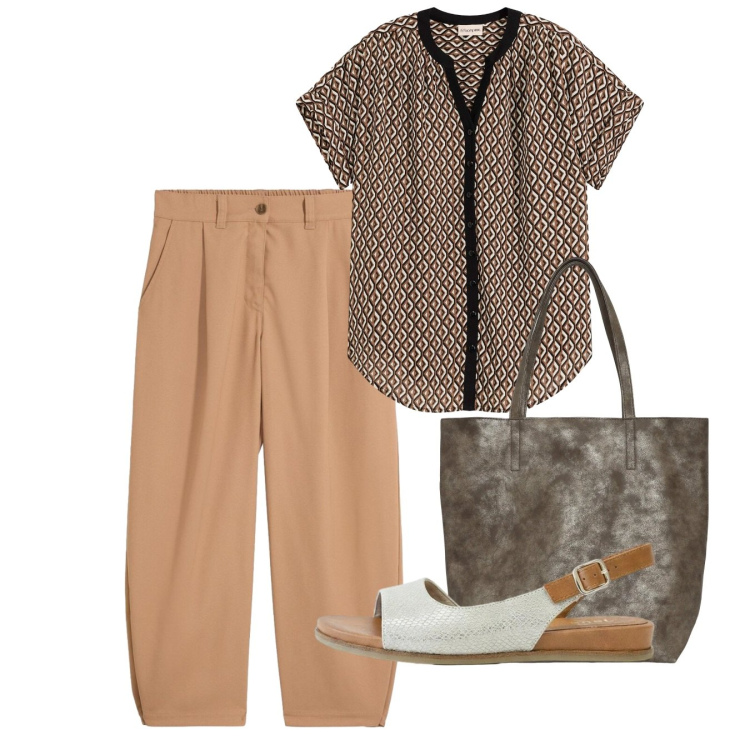 Outfit donna - Agosto. Stile Bon Ton per Tutti i giorni. Abbinamento con bluse, pantaloni, sandali, shopping bag.