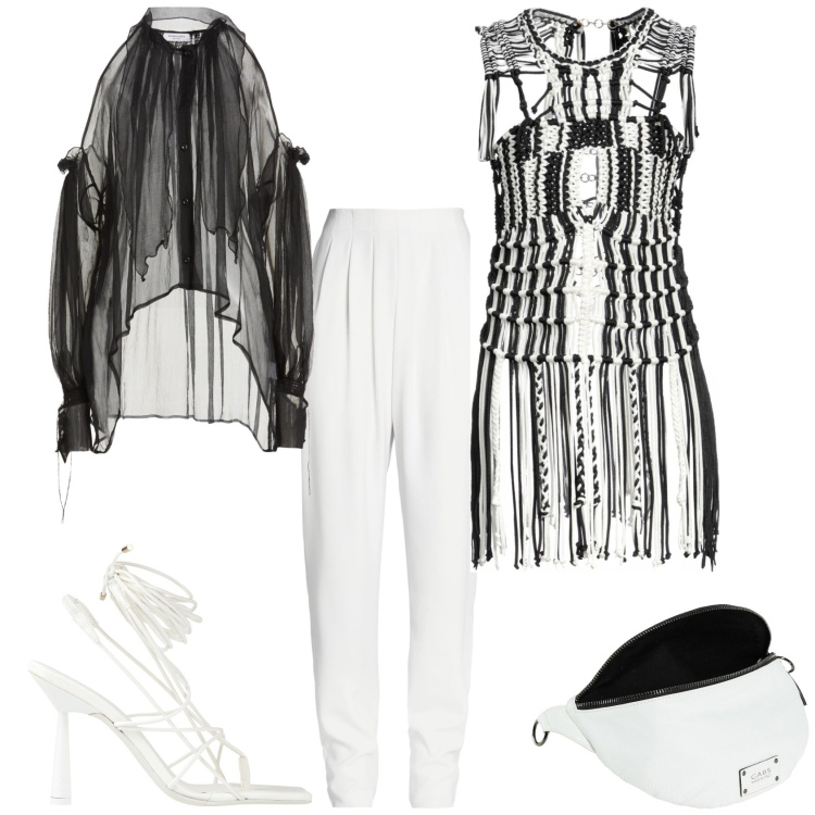 Outfit donna - Chic serata evento. Stile Chic per Serata fuori. Abbinamento con pantaloni, marsupi, top, camicie, ciabatte.
