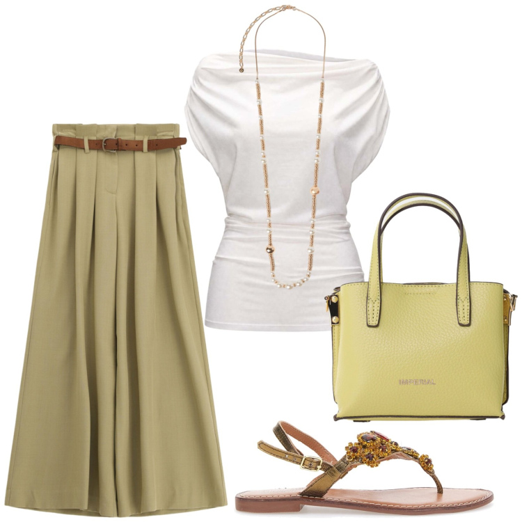 Outfit donna - Total look #2453247. Stile Casual chic per Tutti i giorni. Abbinamento con borse a tracolla, pantaloni a palazzo, top, collane, sandali gioiello.