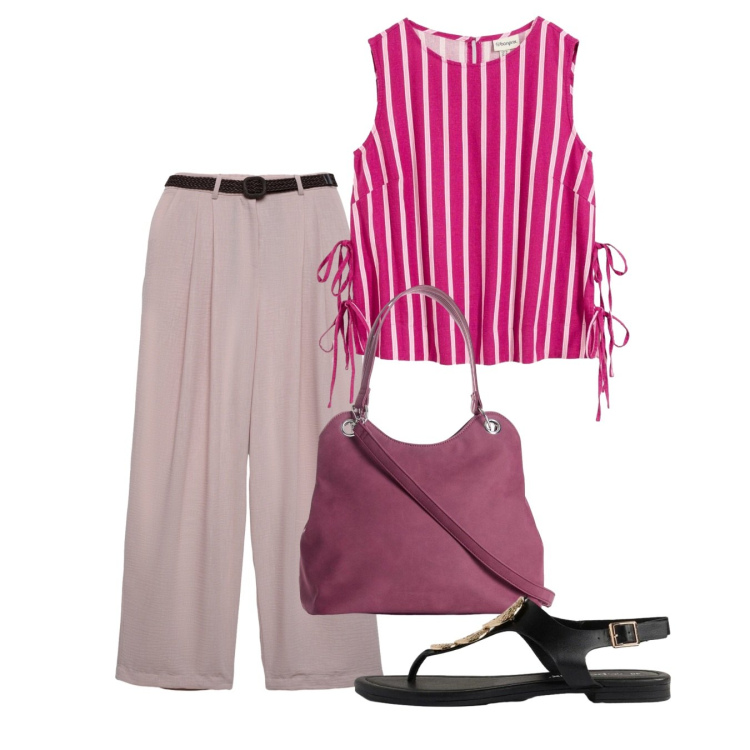 Outfit donna - Agosto. Stile Bon Ton per Tutti i giorni. Abbinamento con canottiere, sandali, borse a mano, pantaloni.