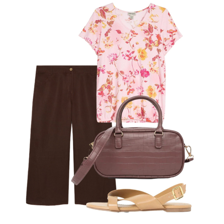 Outfit donna - Agosto. Stile Bon Ton per Tutti i giorni. Abbinamento con bluse, sandali, borse a spalla, pantaloni.