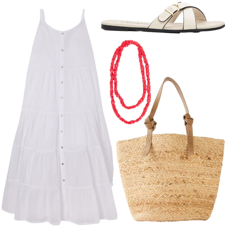 Outfit donna - Weekend al mare. Stile Minimal per Mare. Abbinamento con ciabatte, shopping bag, vestiti lunghi, collane.