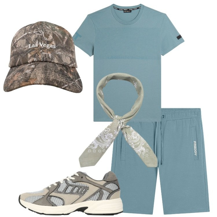 Outfit uomo - Vacanza wild. Stile Casual per Tutti i giorni. Abbinamento con cappelli con visiera, sneakers, sciarpe e foulard, t-shirt, pantaloni corti.
