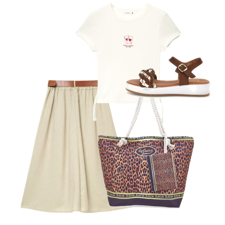 Outfit donna - Metropolitan Escape. Stile Bon Ton per Tutti i giorni. Abbinamento con gonne lunghe, t-shirt, sandali, shopping bag.