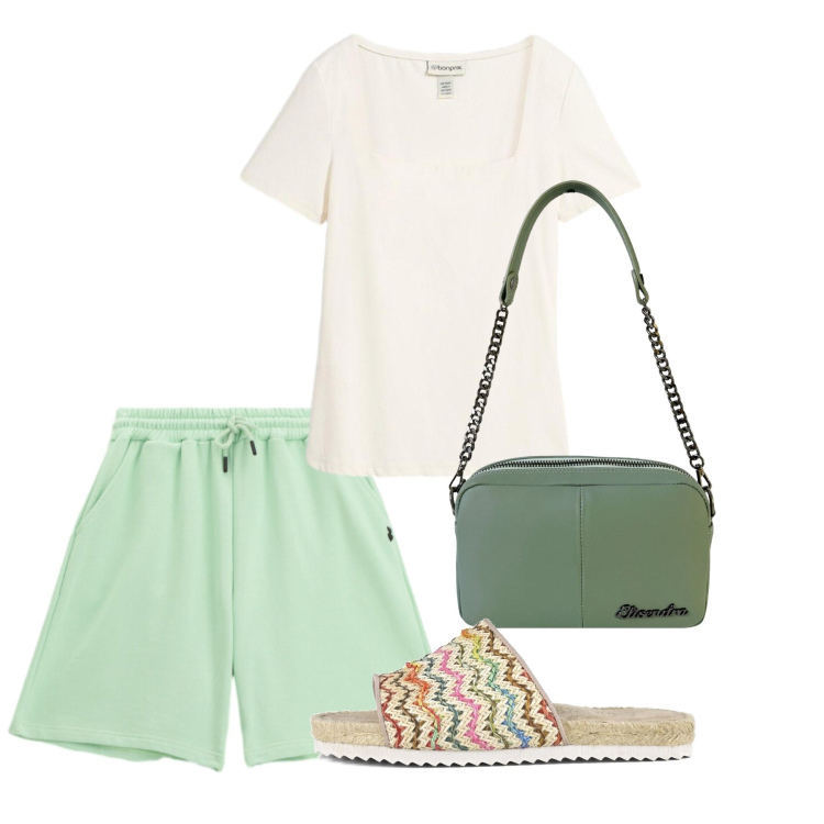 Outfit donna - Metropolitan Escape. Stile Basic per Tutti i giorni. Abbinamento con t-shirt, bermuda, borse a tracolla, sandali.