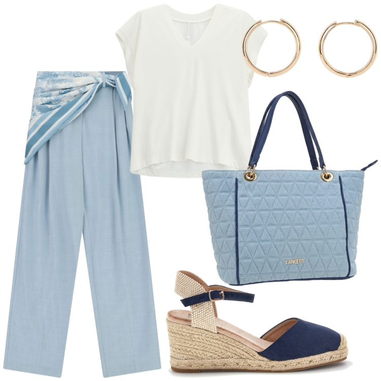 Outfit donna - Total look #2453261. Stile Casual chic per Tutti i giorni. Abbinamento con orecchini, top, pantaloni a palazzo, borse a spalla, zeppe.