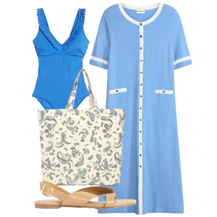 Outfit donna - Cielo. Stile Chic per Mare. Abbinamento con sandali, vestiti lunghi, costumi interi, shopping bag.