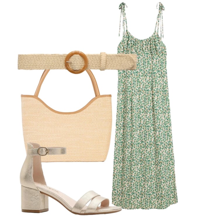 Outfit donna - Green. Stile Bon Ton per Tutti i giorni. Abbinamento con vestiti, sandali col tacco, shopping bag, cinture.