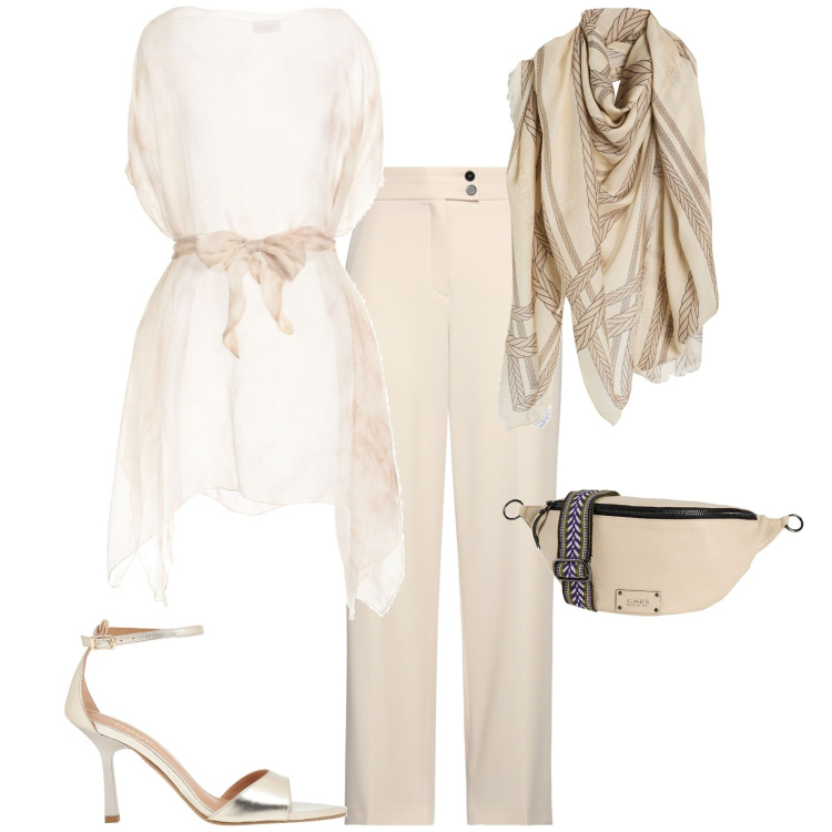 Outfit donna - Chic serata evento speciale. Stile Chic per Serata fuori. Abbinamento con sciarpe, marsupi, sandali in pelle, pantaloni, top.