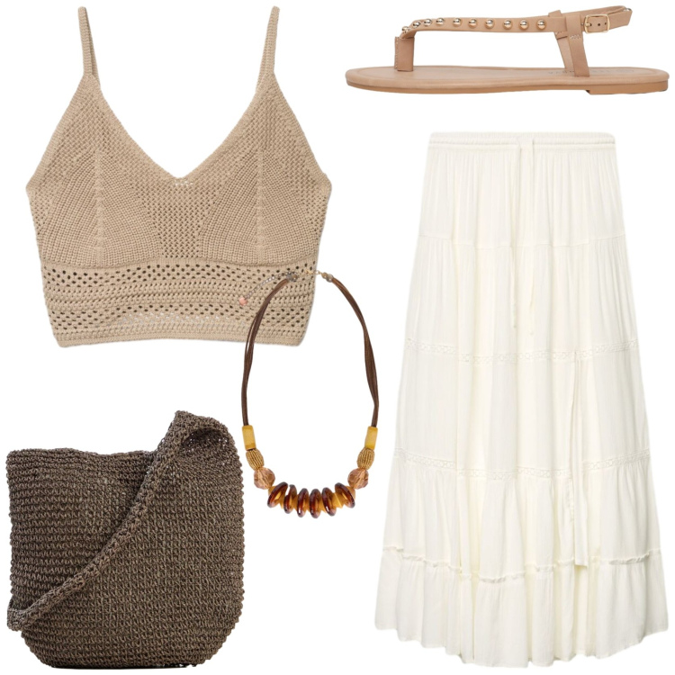 Outfit donna - Vacanze boho al mare. Stile Boho per Mare. Abbinamento con shopping bag, top, ciabatte, gonne lunghe, collane.