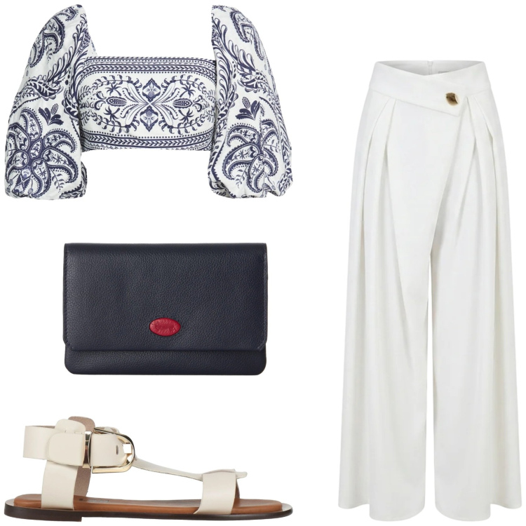 Outfit donna - Serata al mare boho chic. Stile Boho per Serata fuori. Abbinamento con top, sandali alla schiava, portafogli, pantaloni a palazzo.