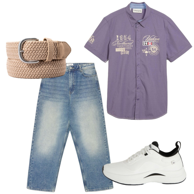 Outfit uomo - Total look #2453273. Stile Casual per Tutti i giorni. Abbinamento con camicie a manica corta, jeans dritti, cinture, sneakers.