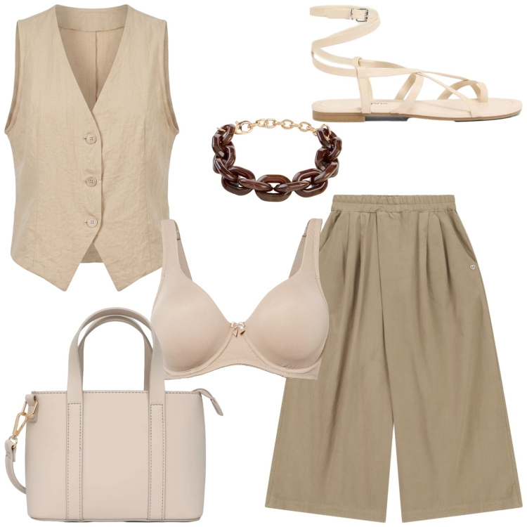 Outfit donna - neutral colors. Stile Casual chic per Tutti i giorni. Abbinamento con braccialetti, reggiseni, sandali, borse a tracolla, pantaloni a palazzo, gilet.