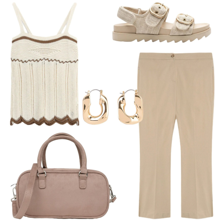 Outfit donna - Naturale in vacanza. Stile Casual chic per Tutti i giorni. Abbinamento con sandali, orecchini, borse a tracolla, top, pantaloni.