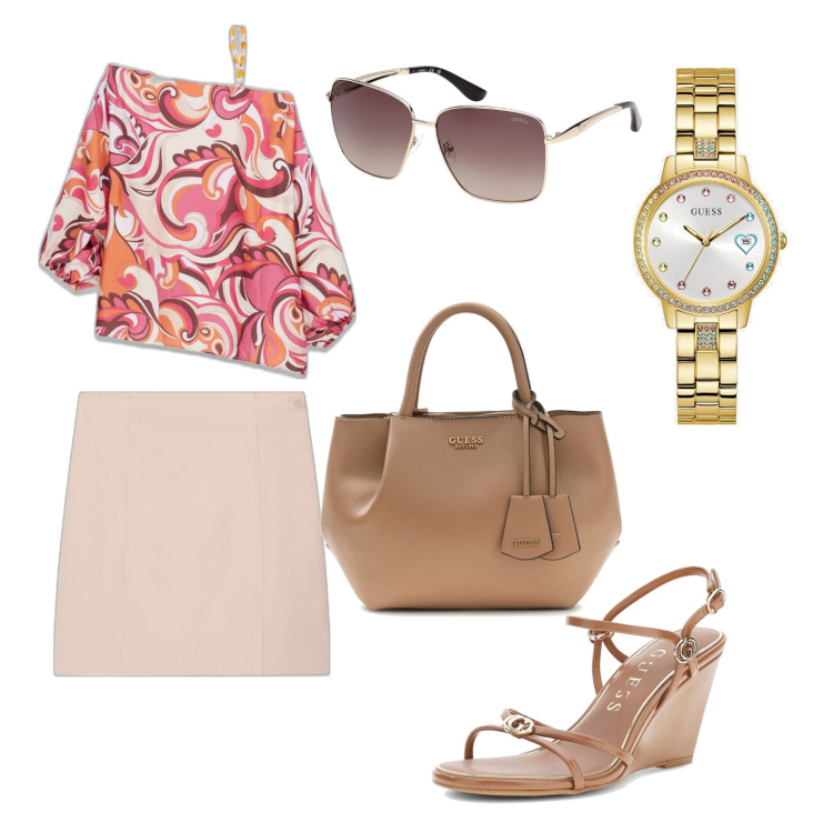 Outfit mujer - Casual #7276. Estilo Casual para Todos los días. Combinación con sandalias de piel, bolsos de mano, blusas, minifaldas, gafas de sol, relojes analógicos.