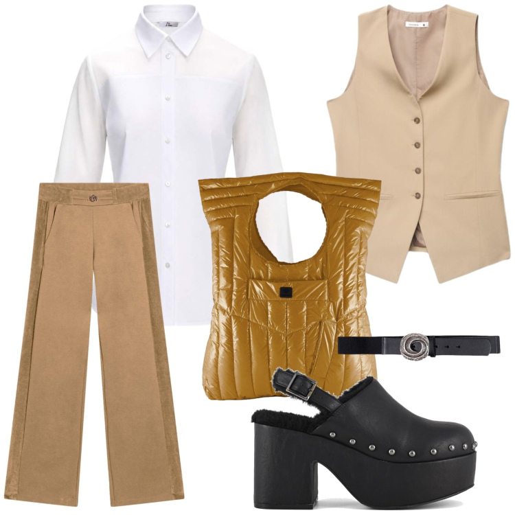 Outfit donna - Metropolitan Escape. Stile Glamour per Tutti i giorni. Abbinamento con gilet, cinture, camicie, pantaloni, borse a mano, sabot.