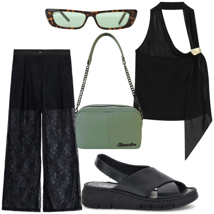 Outfit donna - Metropolitan Escape. Stile Casual per Tutti i giorni. Abbinamento con pantaloni a palazzo, occhiali da sole, top, borse a tracolla, sandali.
