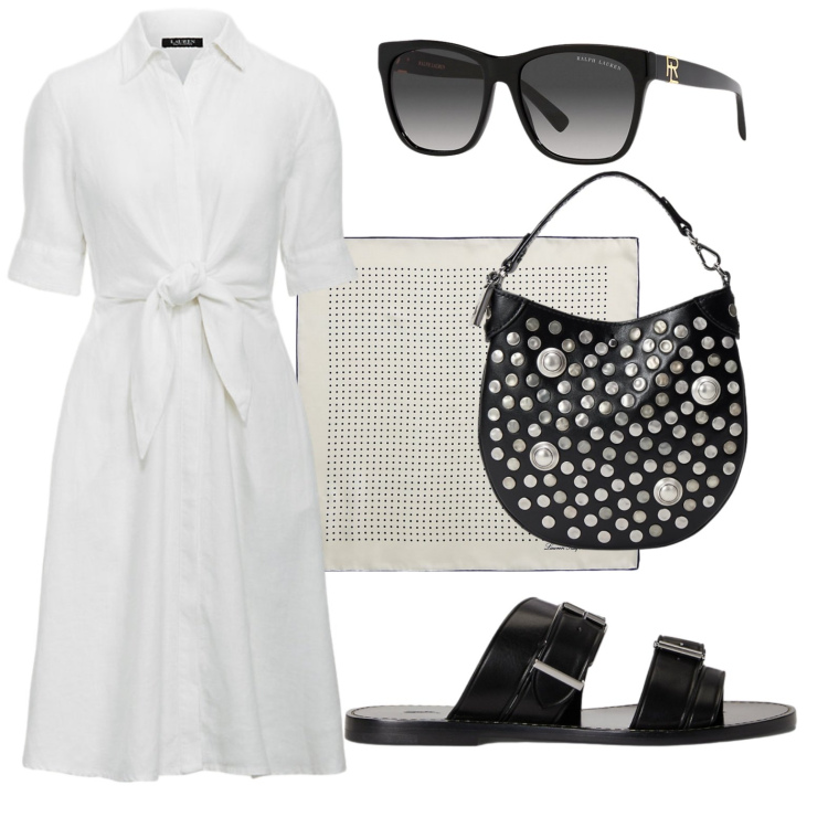 Outfit donna - Metropolitan Escape. Stile Glamour per Tutti i giorni. Abbinamento con occhiali da sole, foulard, vestiti chemisier, sandali in pelle, borse a mano.