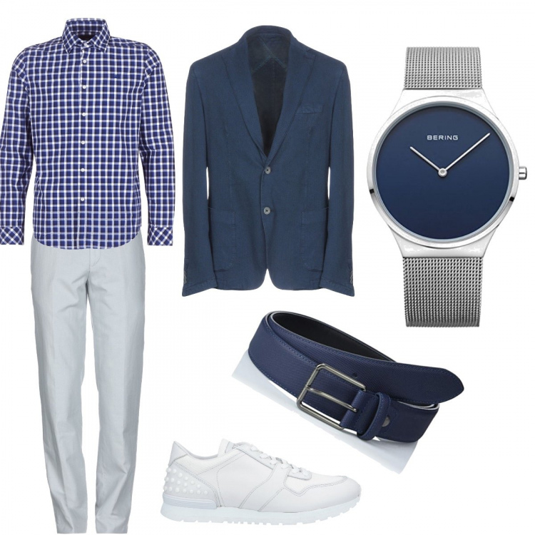 Outfit uomo - Per tutti. Stile Casual per Tutti i giorni. Abbinamento con camicia taglio dritto a maniche lunghe blu, sneakers, giacche, orologi.