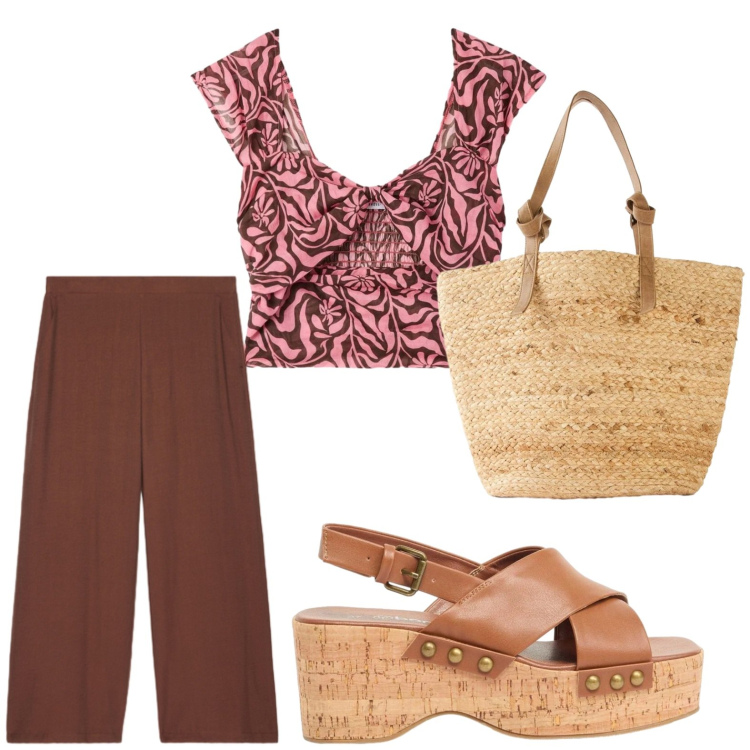 Outfit donna - Sandali in cuoio. Stile Casual per Tutti i giorni. Abbinamento con shopping bag, zeppe, top, pantaloni.
