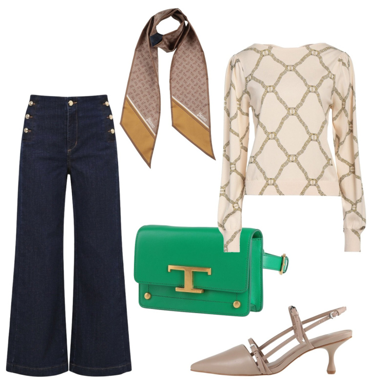Outfit donna - Look settembrino. Stile Urban per Ufficio. Abbinamento con pullovers, sciarpe, décolleté, marsupi, jeans.