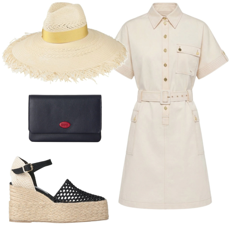 Outfit donna - Essenziale. Stile Minimal per Tutti i giorni. Abbinamento con cappelli, espadrillas, vestiti chemisier, portafogli.