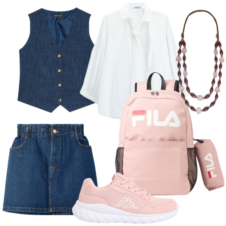 Outfit donna - Gilet denim. Stile Casual per Tutti i giorni. Abbinamento con zaini, sneakers, minigonne, camicie, collane, gilet.