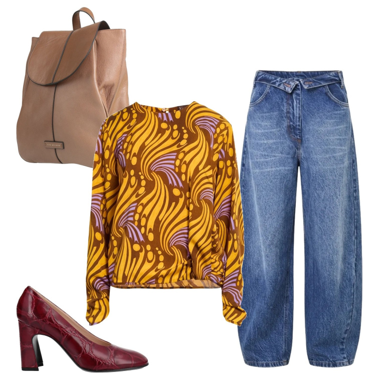 Outfit donna - Settembre in ufficio. Stile Trendy per Ufficio. Abbinamento con top, décolleté, zaini, jeans mom.