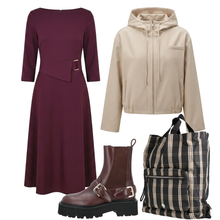 Outfit donna - Le prime piogge. Stile Urban per Tutti i giorni. Abbinamento con stivaletti, zaini, cappotti, vestiti asimmetrici.
