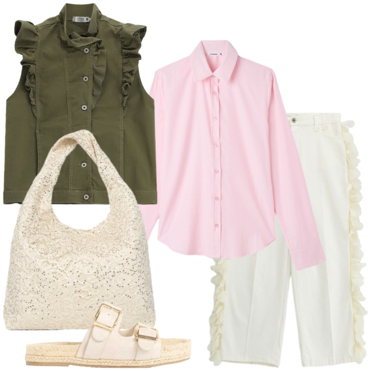 Outfit donna - Total look #2453301. Stile Casual chic per Tutti i giorni. Abbinamento con ciabatte, borse a spalla, camicie, gilet, pantaloni.