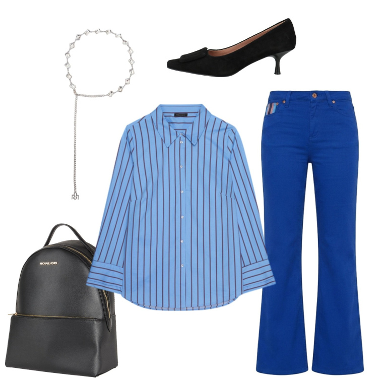 Outfit donna - Ufficio a righe. Stile Casual chic per Ufficio. Abbinamento con zaini, décolleté, pantaloni, cinture, camicie.