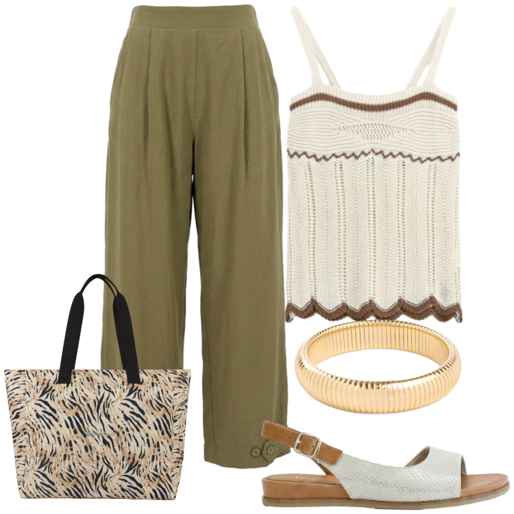 Outfit donna - Total look #2453309. Stile Casual chic per Tutti i giorni. Abbinamento con sandali, braccialetti, top, shopping bag, pantaloni.