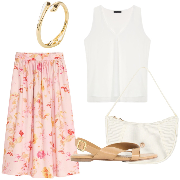 Outfit donna - Total look #2453310. Stile Casual chic per Tutti i giorni. Abbinamento con sandali, braccialetti, gonne lunghe, borse a mano, top.