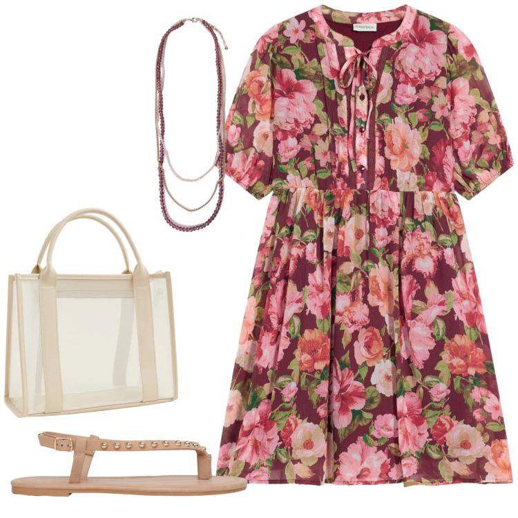 Outfit donna - Total look #2453312. Stile Casual chic per Tutti i giorni. Abbinamento con vestiti, borse tote, ciabatte, collane.