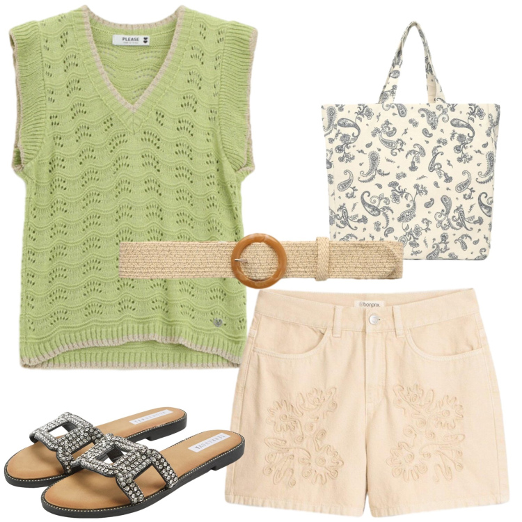 Outfit donna - Total look #2453315. Stile Casual chic per Tutti i giorni. Abbinamento con bermuda, ciabatte, shopping bag, cinture, top.