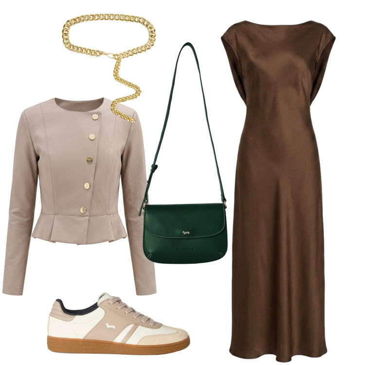 Outfit donna - Sneakers addicted. Stile Trendy per Serata fuori. Abbinamento con sneakers, borse a tracolla, blazer, cinture, vestiti lunghi.