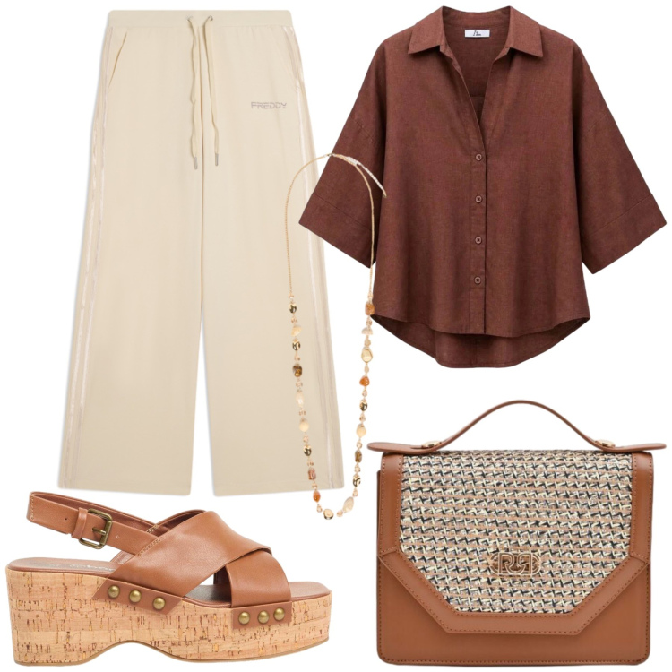 Outfit donna - Total look #2453321. Stile Casual chic per Tutti i giorni. Abbinamento con zeppe, camicie, pochette, pantaloni, collane.