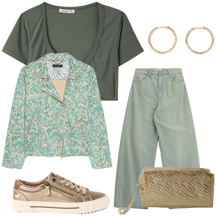 Outfit donna - Total look #2453322. Stile Casual chic per Tutti i giorni. Abbinamento con orecchini, sneakers, valigie, top, jeans, blazer.