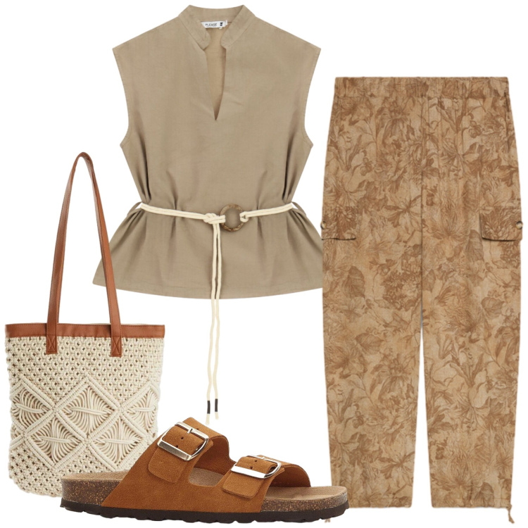 Outfit donna - Total look #2453323. Stile Casual chic per Tutti i giorni. Abbinamento con ciabatte, shopping bag, camicie, pantaloni cargo.