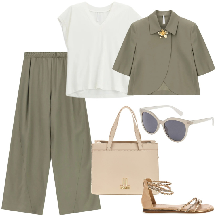 Outfit donna - Metropolitan Escape. Stile Urban per Tutti i giorni. Abbinamento con occhiali da sole, pantaloni a palazzo, top, blazer, borse a tracolla, sandali.