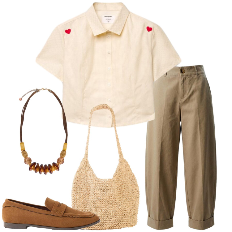 Outfit donna - Total look #2453325. Stile Casual chic per Tutti i giorni. Abbinamento con shopping bag, mocassini, camicie a manica corta, pantaloni, collane.