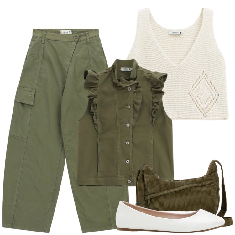 Outfit donna - Total look #2453326. Stile Casual chic per Tutti i giorni. Abbinamento con ballerine, borse a tracolla, pantaloni cargo, top, gilet.