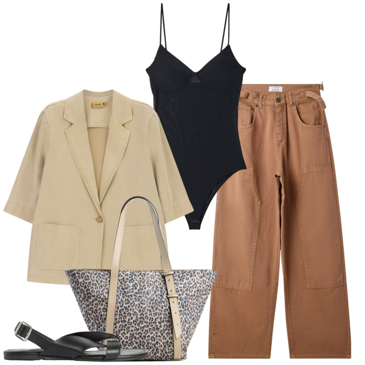 Outfit donna - Body chic. Stile Chic per Tutti i giorni. Abbinamento con sandali, shopping bag, pantaloni, canottiere, blazer.