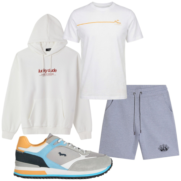 Outfit uomo - Total look #2453329. Stile Casual per Tutti i giorni. Abbinamento con sneakers, t-shirt, felpe con cappuccio, bermuda.