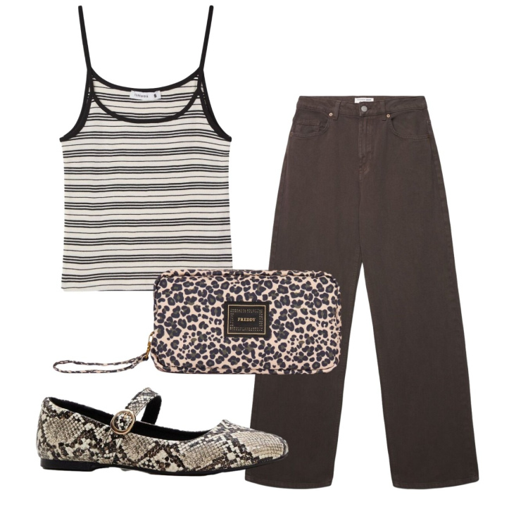 Outfit donna - Animalier. Stile Casual per Tutti i giorni. Abbinamento con ballerine, canottiere, jeans, valigie.