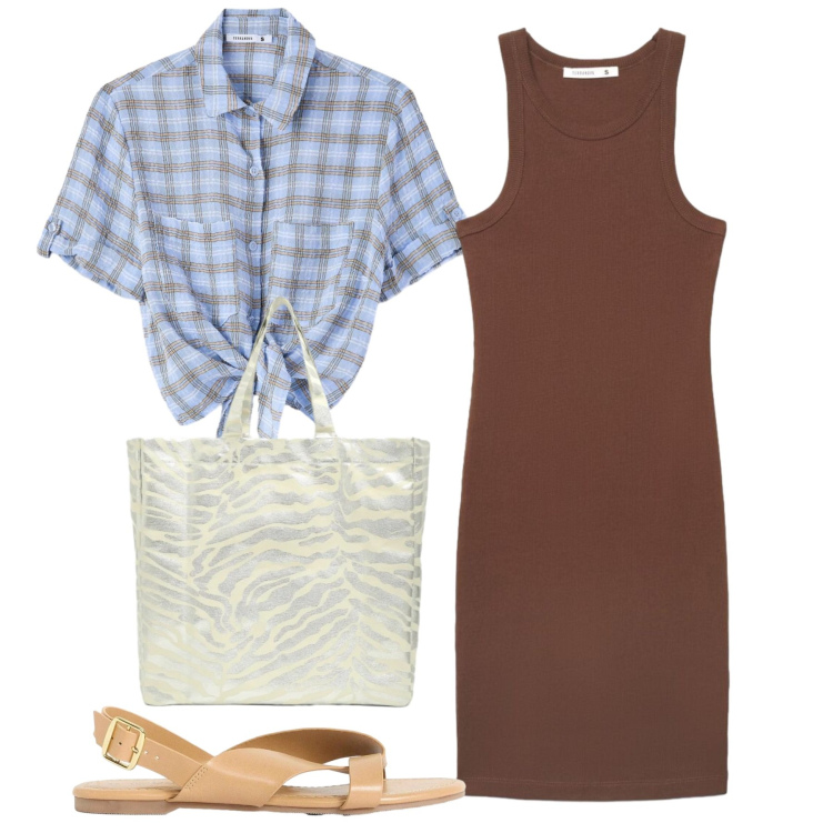 Outfit donna - Camicia su abito. Stile Casual per Tutti i giorni. Abbinamento con sandali, shopping bag, camicie a manica corta, vestiti midi/longuette.