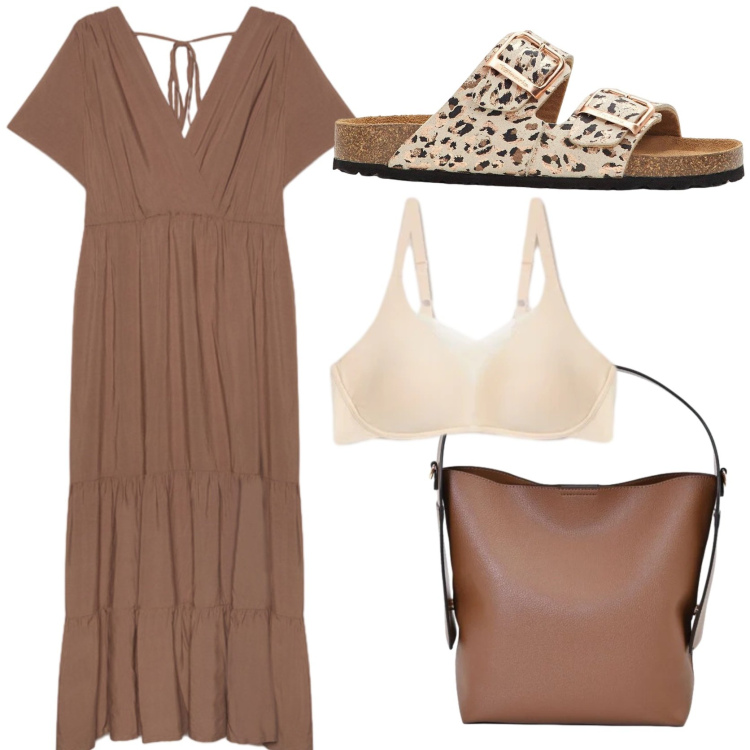 Outfit donna - Agosto con stile. Stile Boho per Tutti i giorni. Abbinamento con ciabatte, borse a mano, vestiti lunghi, reggiseni.